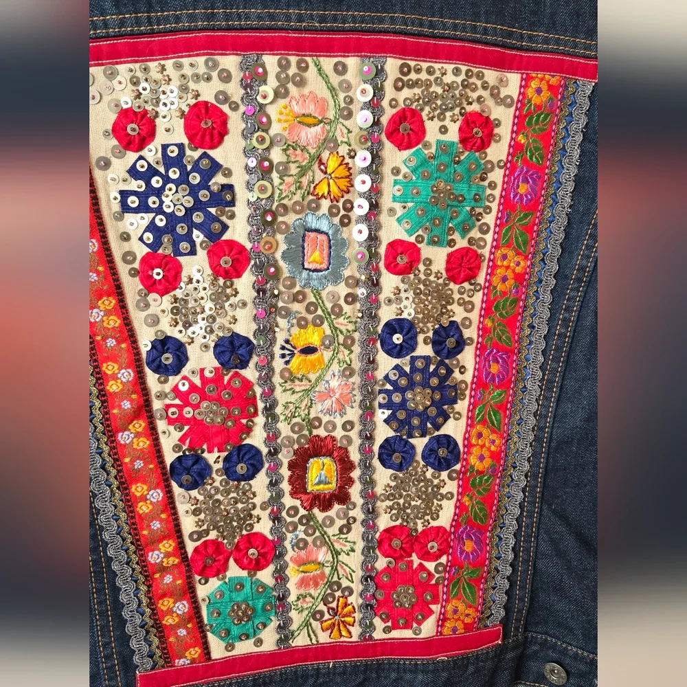 Lucky Brand Denim Jean Jacket with Embroidery Back & Leather Patch Women Size XL - Picture 2 of 7